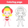Coloring page with cartoon girl in swimsuit. Drawing kids activity. Printable fun for toddlers and children