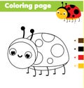 Coloring page with cartoon ladybug. Drawing kids activity. Printable fun for toddlers and children