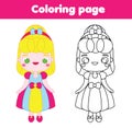 Coloring page with cartoon princess. Drawing kids activity. Printable fun for toddlers and children