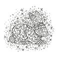 Coloring page. Cartoon rabbit, decorated with ornaments. Vector doodling isolated