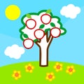 Coloring page. Cartoon summer landscape with apple tree with fruits Royalty Free Stock Photo