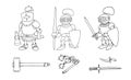 Coloring page of cartoon three medieval knights prepering for Knight Tournament Royalty Free Stock Photo