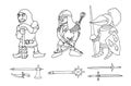 Coloring page of cartoon three medieval knights prepering for Knight Tournament Royalty Free Stock Photo