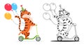 Coloring page. Cartoon tiger with balloons. Royalty Free Stock Photo