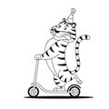 Coloring page. Cartoon tiger rides a kick scooter Royalty Free Stock Photo
