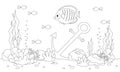 Coloring Page with Cartoon Underwater Sea Landscape. Marine illustration with fishes and seaweed. Vector coloring book