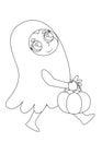 Coloring page. A child dressed as a white ghost runs with a candy basket. Halloween character is joyful and happy.