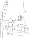 coloring page of a child looking at a pirate ship from a telescope
