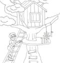 coloring page of a child wearing glasses climbing the stairs to the tree house