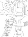 coloring page of a child wearing glasses climbing the stairs to the tree house