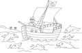 coloring page of a child wearing glasses riding a boat surrounded by dolphins