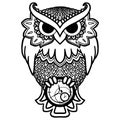 Coloring page for children and adults. Owl with a clock in its paws.