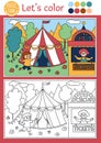 Coloring page for children with cute circus scene. Vector amusement show outline illustration with cute marquee, clown, boy