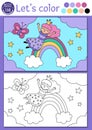 Coloring page for children with cute fairy princess sliding rainbow. Vector fairytale outline illustration. Fantasy color book for Royalty Free Stock Photo