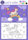 Coloring page for children with cute unicorn jumping over rainbow. Vector fairytale outline illustration. Fantasy color book for Royalty Free Stock Photo