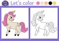 Coloring page for children with cute unicorn princess. Vector fairytale outline illustration. Fantasy color book for kids with Royalty Free Stock Photo