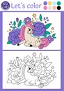 Coloring page for children with cute unicorn sitting in flowers. Vector fairytale outline illustration. Fantasy color book for Royalty Free Stock Photo