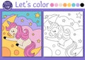 Coloring page for children with cute unicorn sleeping on moon. Vector fairytale outline illustration. Fantasy color book for kids Royalty Free Stock Photo