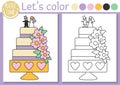 Coloring page for children with cute wedding cake decorated with flowers, bride and groom. Vector marriage ceremony color book for Royalty Free Stock Photo