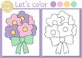 Coloring page for children with cute wedding or spring bouquet. Vector marriage ceremony color book for kids with flower