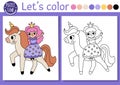 Coloring page for children with fairy princess riding unicorn. Vector fairytale outline illustration. Fantasy color book for kids Royalty Free Stock Photo