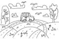 Coloring page for children. Landscape with hills, clouds, fields, trees, car and birds. Vector hand drawn illustration