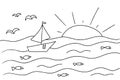 Coloring page for children. Seascape with sun, clouds, sea, birds and ship. Vector hand drawn illustration in doodle Royalty Free Stock Photo