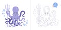 Coloring page for childrens and adults. Cute purple octopus with a trident for a coloring book. Vector illustration in a