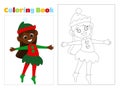 Coloring page. The Christmas elf is dressed in an elf costume and she is happy. Little cute elf girl in cartoon style. Royalty Free Stock Photo