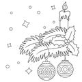 Coloring page of a Christmas tree decorations and ornaments. Fir tree branches with candle, balls and holly. Coloring book for Royalty Free Stock Photo