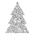 Coloring page with Christmas tree. Hand-drawn Doodl abstract pattern. Coloring book for adults and children. Merry Christmas, Royalty Free Stock Photo