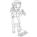 Coloring page with cleaner girl house cleaning