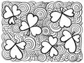 Coloring page with clover shamrocks and fantasy patterns, symbols of Patricks day for holiday activity