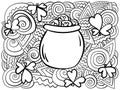 Coloring page with clover shamrocks and pot of coins, symbols of Patrick\'s day with intricate patterns for festive activity