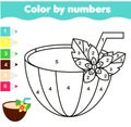 Coloring page with coconut cocktail. Color by numbers picture for toddlers and kids. Educational children game for summer holidays