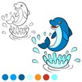 Coloring page. Color me: dolphin. Little cute dolphin jumps out