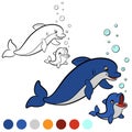 Coloring page. Color me: dolphin. Mother dolphin swims with her
