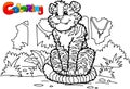 Coloring page. Little cute tiger sits and smiles