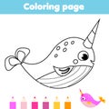 Coloring page. Color picture for toddlers and kids. Educational children game. Cartoon narwhal