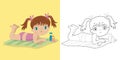 Coloring page outline of a cute brown-haired little girl laying on the beach for sunbathing. Royalty Free Stock Photo