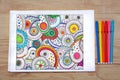 Coloring page with coloring in pens