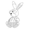 Coloring page with colorless cartoon Hare sitting and holding basket full of eggs. Template of coloring book Easter Rabbit.