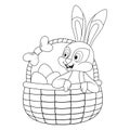 Coloring page with colorless cartoon Hare. Template of coloring book with Bunny sitting in basket full of decorated eggs. Practice