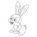 Coloring page with colorless cartoon young hare sits and looks ahead. Template of coloring book with Rabbit. Practice worksheet