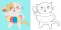 Colouring page with summer theme. A cute and kawaii cat eating ice cream during the summer and using a colourful floaties