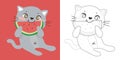 Colouring page with summer theme. A cute and kawaii grey cat eating watermelon.