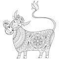 Coloring page with Cow, zenart stylized hand drawing Milker illustration, tribal totem, mascot, doodle animal for art therapy boo