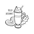 Coloring page. Cup hot cappuccino coffee with autumn leaves. Autumn mood concept. Warm autumn coloring book. Fall