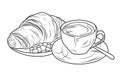 Coloring page with cups of coffee and croissant. French breakfast Royalty Free Stock Photo