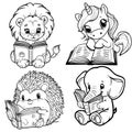 Coloring page cute animals reading books vector graphics Royalty Free Stock Photo